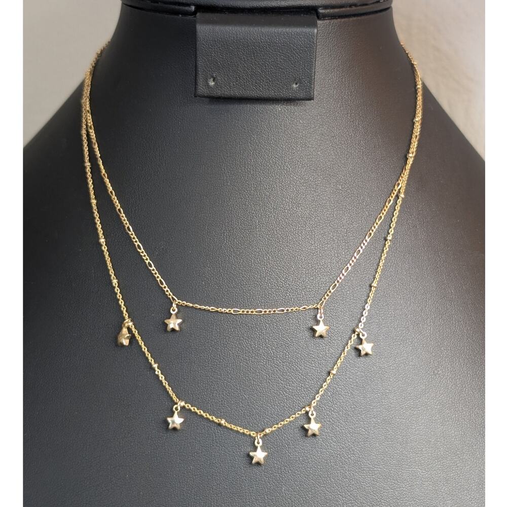 Dainty Dangling Stars Double Strand Gold Tone Chain Necklace